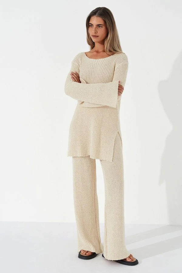Beige Cotton Sweater and Pants Set
